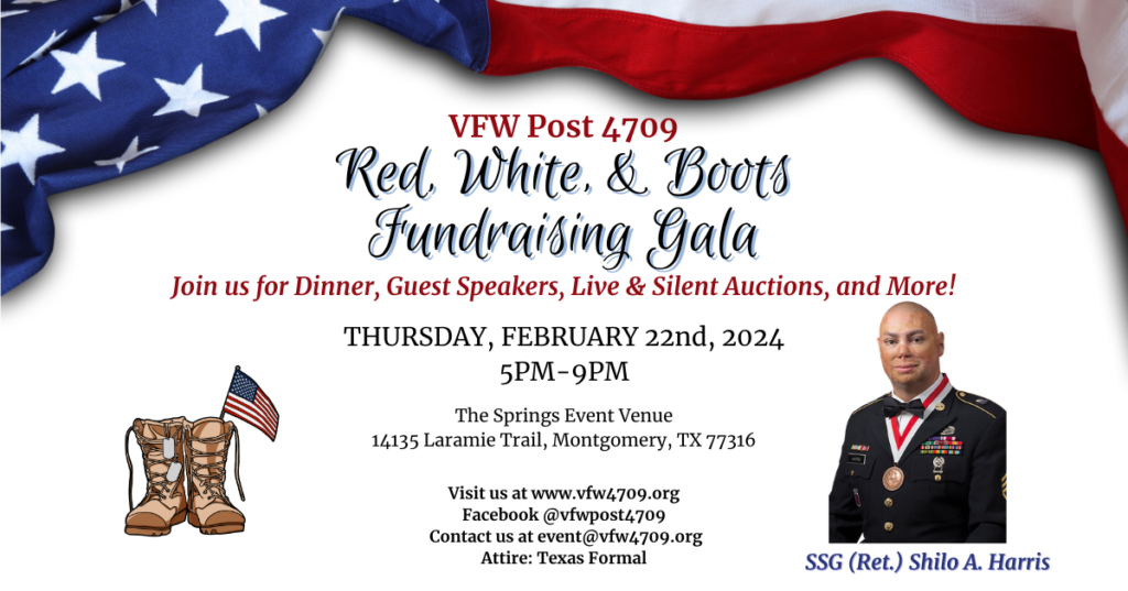 VFW Post 4709 2024 Red, White, and Boots Gala with Keynote Speaker Shilo Harris.