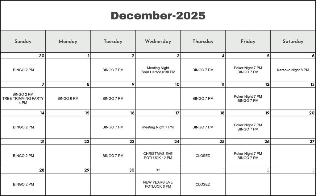 VFW 4709 December 2025 Events Calendar